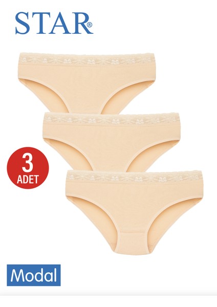 Kadın 3 Lü Ten Modal Beli Dantel Detaylı Bikini Külot