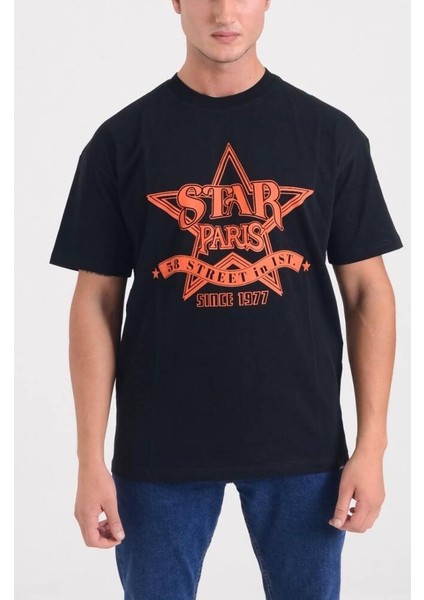 Erkek Siyah Oversize Star Paris Baskılı T-Shirt