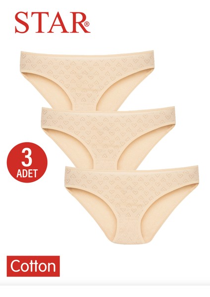 Kadın 3 Lü Ten Saf Pamuk Kalp Desenli Bikini Külot