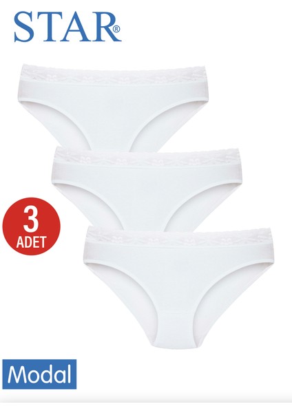 Kadın 3 Lü Beyaz Modal Beli Dantel Detaylı Bikini Külot