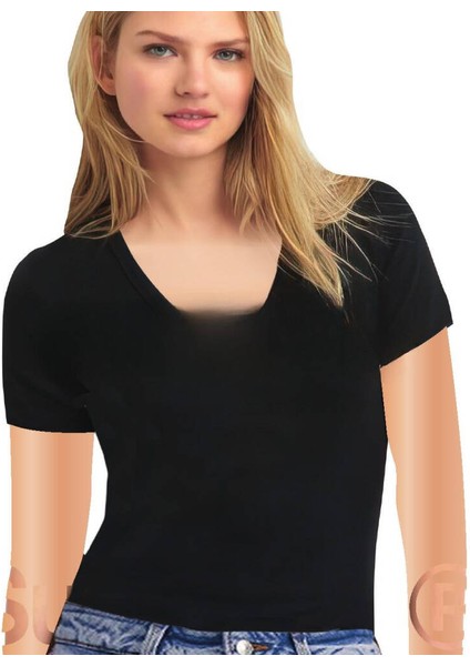 Kadın Siyah Organik Bambu Kısakol V Yaka T-Shirt fiyatları