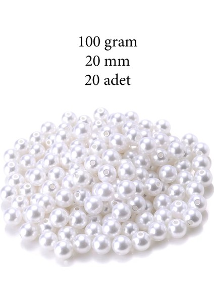 100 Gram 20mm Beyaz Renk Plastik İnci Boncuk Çanta Ve Takı Yapım Boncuğu (~20 Adet)