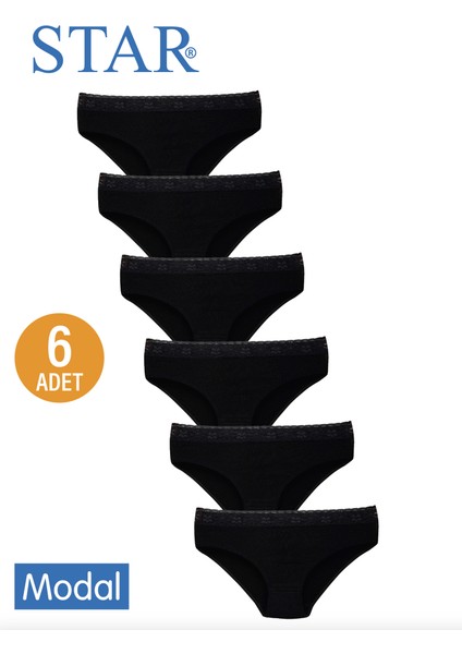 Kadın 6 Lı Siyah Modal Beli Dantel Detaylı Bikini Külot