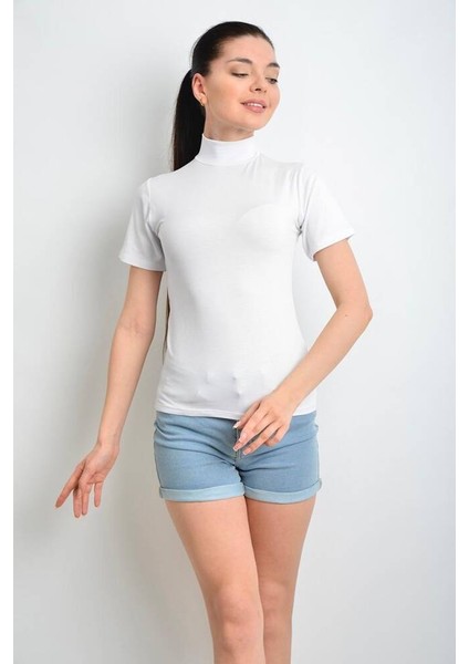 Star Ikinci Ten Kadın Beyaz Kısakol Balıkçı Yaka T-Shirt