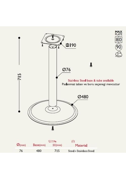 Tablalı Masa Ayağı 11.193 - Taban Çapı 48CM Metalik Gri fiyatları