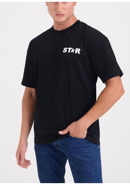 Erkek Oversize Yarım Yıldız Baskılı T-Shirt