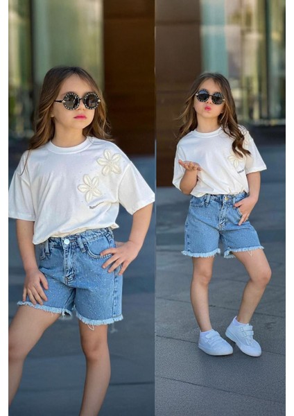 Çiçek Taş Desenli Kız Çocuk Kot şotlu takım - Mavi