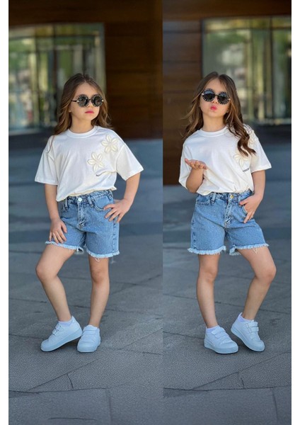 Çiçek Taş Desenli Kız Çocuk Kot şotlu takım - Mavi fiyatları