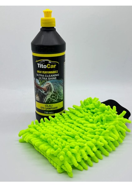 Cilalı Yıkama Seti Titocar Cilalı Şampuan 750ML + Oto Yıkama Eldiveni 16X24CM