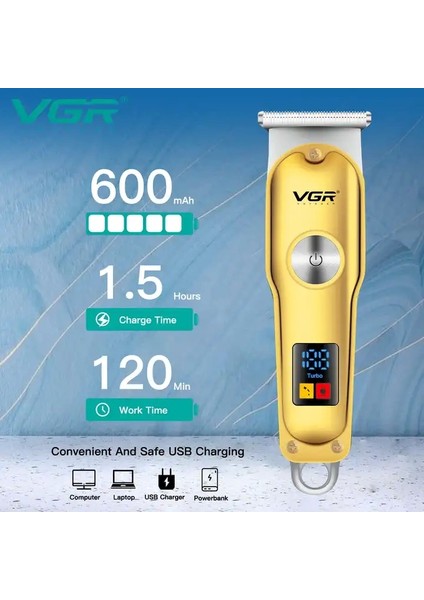 Vgr V-290 Altın T Bıçak Sıfır Kesim LCD Ekran Şarjlı Tıraş Makinesi