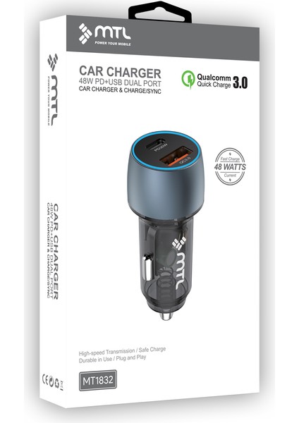 Araç Şarj Cihazı 48 w Pd + qc 3.0 Çift Çıkışlı – Type‑c pd 30 w & Usb‑a 18 w MT1832