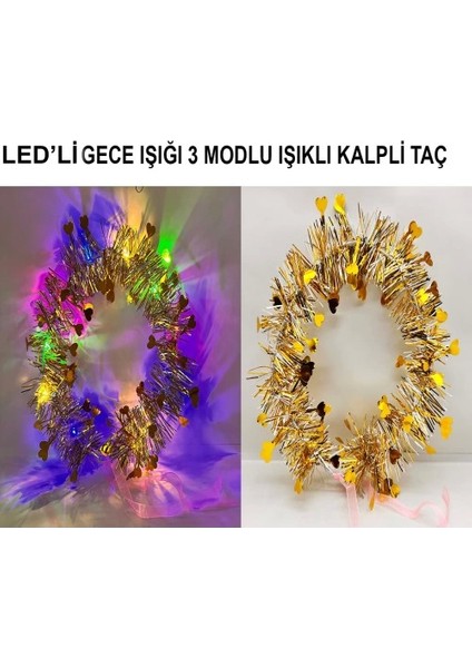 Kalp Püsküllü 3 Modlu LED Işıklı Taç Altın Renk