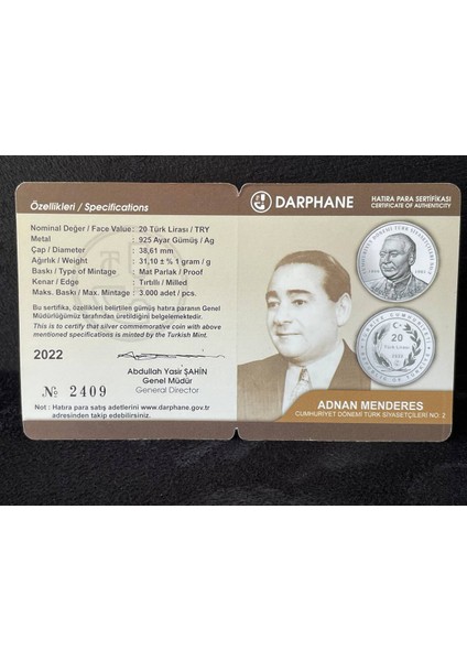 Adnan Menderes - Cumhuriyet Dönemi Türk Siyasetçileri No:2 Gümüş Hatıra Para Çil