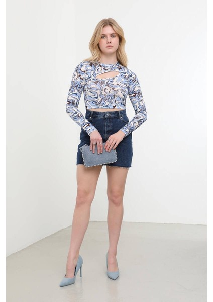 Pencere Detaylı Jakarlı Crop Top modelleri