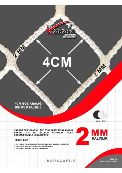 Kedi Balkon Güvenlik Filesi – 2.5 M Yükseklik | Metreyle Kesim | 2 mm Ip, 4x4 cm Göz Aralığı + Montaj Aparatları (Beyaz Veya Siyah)