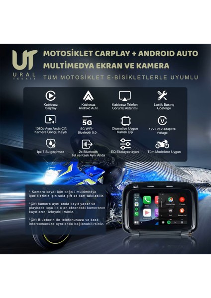 Motosiklet Kablosuz Carplay Android auto 5''dokunmatik Ekran 2 kamera+ Lastik Sensörü Multimedya