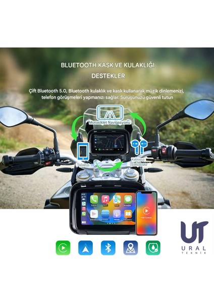 Motosiklet Kablosuz Carplay Android auto 5''dokunmatik Ekran 2 kamera+ Lastik Sensörü Multimedya