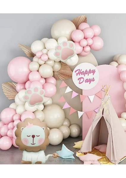 Mat Aslan Pençe Pembe Retro Beyaz Balon Garland Seti Doğum Günü Parti Seti Süsü