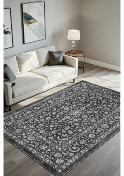 Klasik Çiçek Desenli Gri Siyah Halı Dijital Baskılı Dokuma Kaymaz Tabanlı Yıkanabilir Antre Halısı