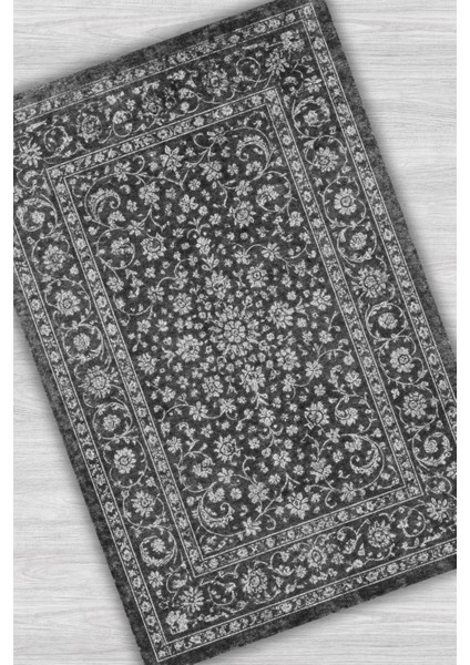 Klasik Çiçek Desenli Gri Siyah Halı Dijital Baskılı Dokuma Kaymaz Tabanlı Yıkanabilir Antre Halısı modelleri