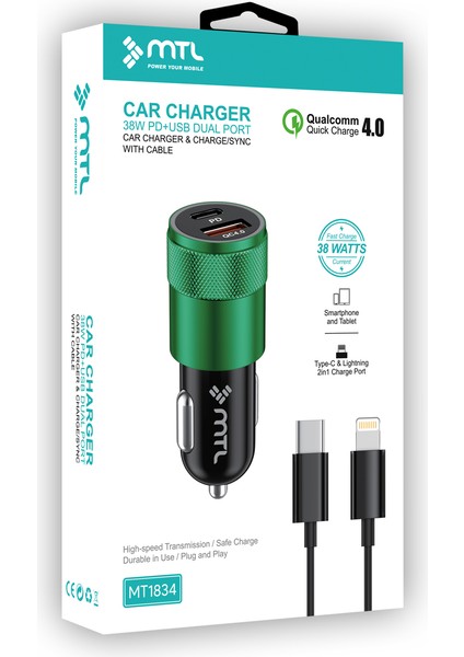 Araç Şarj Cihazı 38 w Pd + qc 4.0 Çift Çıkışlı + type‑c To Lightning 1 m Kablo – Yeşil Metal MT1834