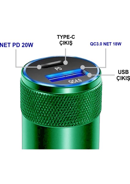 Araç Şarj Cihazı 38 w Pd + qc 4.0 Çift Çıkışlı + type‑c To Lightning 1 m Kablo – Yeşil Metal MT1834