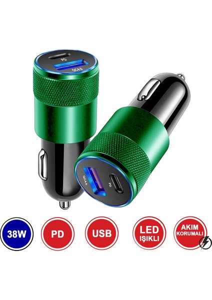 Araç Şarj Cihazı 38 w Pd + qc 4.0 Çift Çıkışlı + type‑c To Lightning 1 m Kablo – Yeşil Metal MT1834