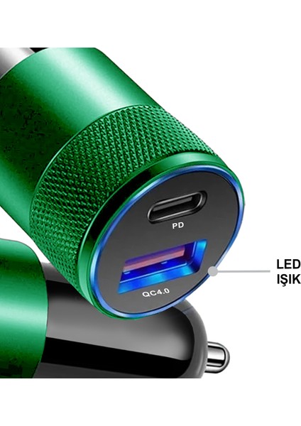 Araç Şarj Cihazı 38 w Pd + qc 4.0 Çift Çıkışlı + type‑c To Lightning 1 m Kablo – Yeşil Metal MT1834