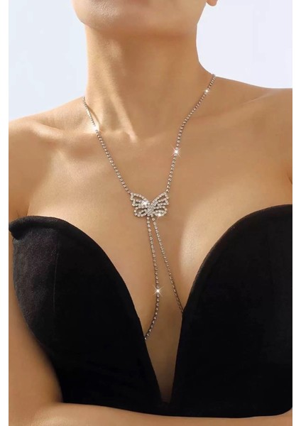 Gümüş Renk Kelebekli Vücut Aksesuarı/ Göğüs Zinciri