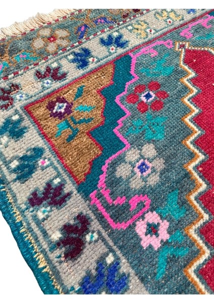 El Dokuma Vintage Karabağ Halısı 55X120 Kırmızı Yeşil Yün Eskitme