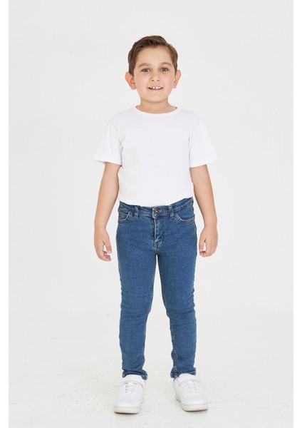 Erkek Çocuk Slim Fit Mavi Kot Jean Pantolon Beli Ayarlanabilir Lastikli Düğmeli LX314