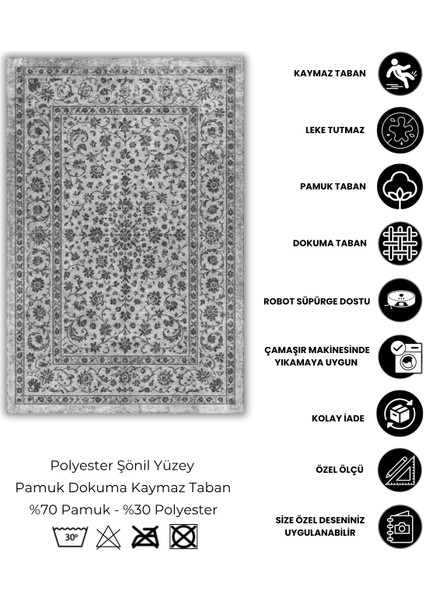 Klasik Desenli Gri Halı Dijital Baskılı Dokuma Kaymaz Tabanlı Yıkanabilir Oturma Odası Halısı