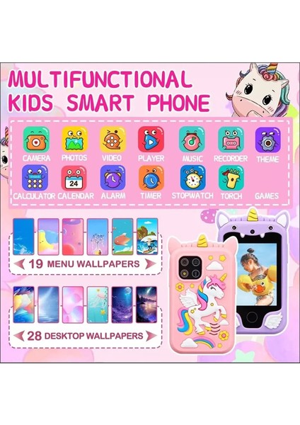Çocuklar Için Eğitici Telefon Dokunmatik Ekran Çift Kameralı Fenerli Müzik Çalar Oyun Video Pembe