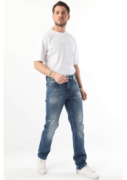 Erkek Yırtık Detaylı Jean Pantolon Mavi