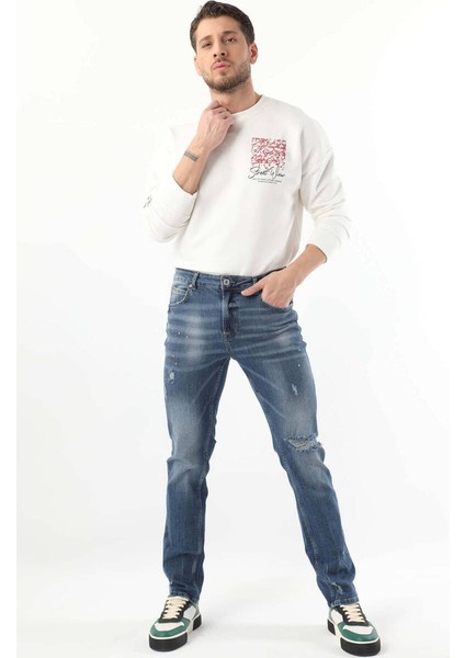 Erkek Dizi Yırtık Boyalı Jean Pantolon Mavi