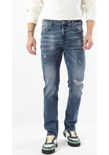 Erkek Dizi Yırtık Boyalı Jean Pantolon Mavi