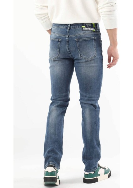 Erkek Dizi Yırtık Boyalı Jean Pantolon Mavi