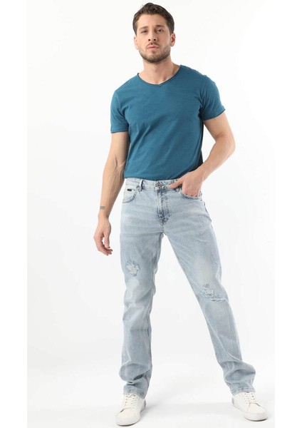 Erkek Dizi Yırtık Jean Pantolon Açık Mavi modelleri