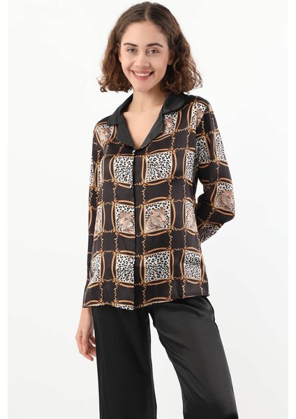 Kadın Leopar Desenli Pijama Takımı Siyah modelleri