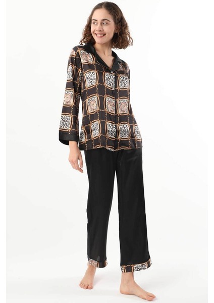 Kadın Leopar Desenli Pijama Takımı Siyah fırsatları
