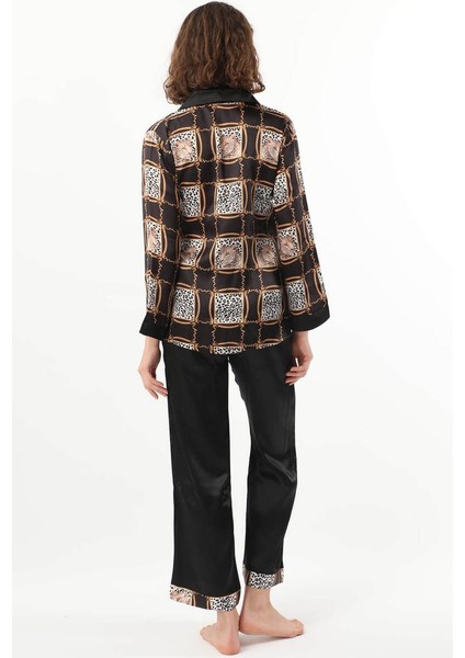 Kadın Leopar Desenli Pijama Takımı Siyah