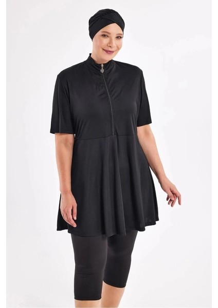 253803 Siyah Naomi Battal Büyük Beden Kısa Kollu Lycralı Mayo