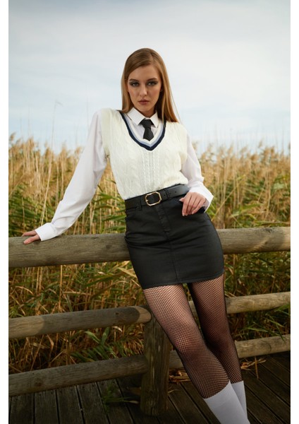 Kadın Deri Görünümlü Mini Etek Siyah