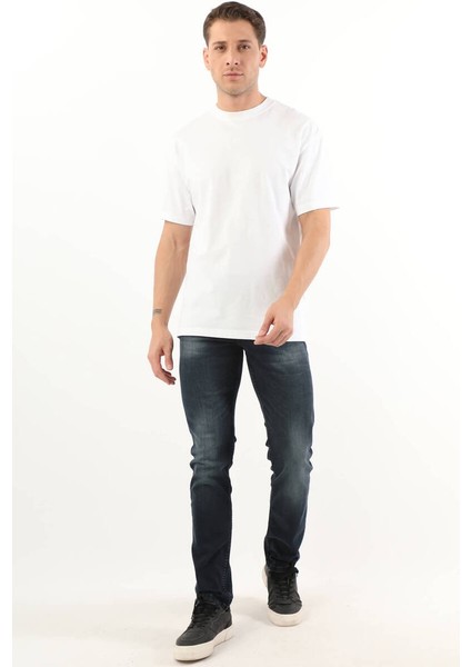 Erkek Orta Bel Taşlanmış Jean Pantolon Lacivert