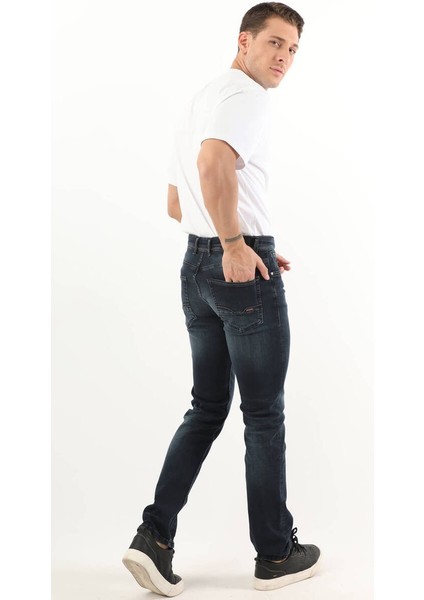 Erkek Orta Bel Taşlanmış Jean Pantolon Lacivert