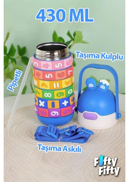 430 ml Pipetli Çelik Termos Askılı Matematiği Sevdiren Su Matarası -FFVGN30031-430ML