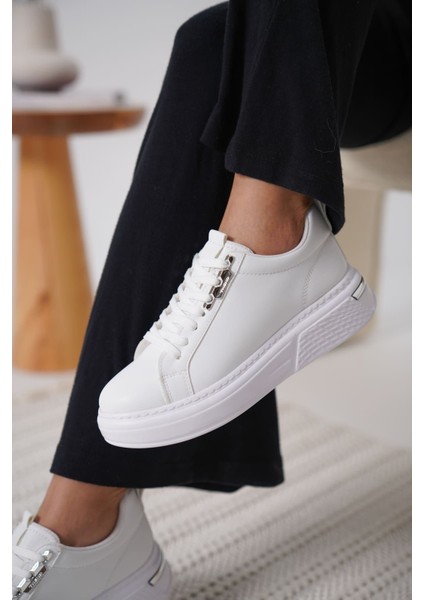 Nova Premium Kadın Gümüş Detaylı Beyaz Sneaker