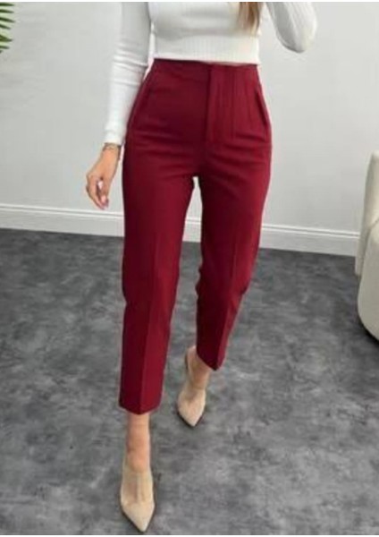 Bordo Yüksek Bel Krep Kumaş Havuç Pantolon