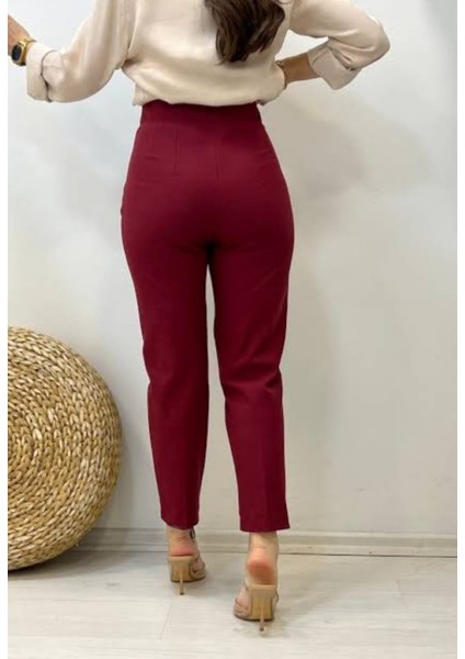 Bordo Yüksek Bel Krep Kumaş Havuç Pantolon