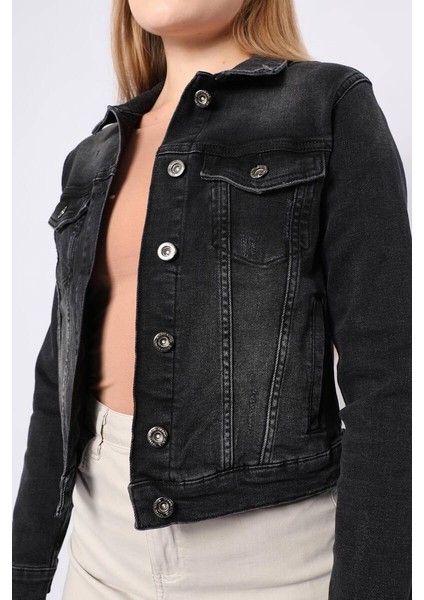Kadın Antrasit Slim Fit Jean Ceket